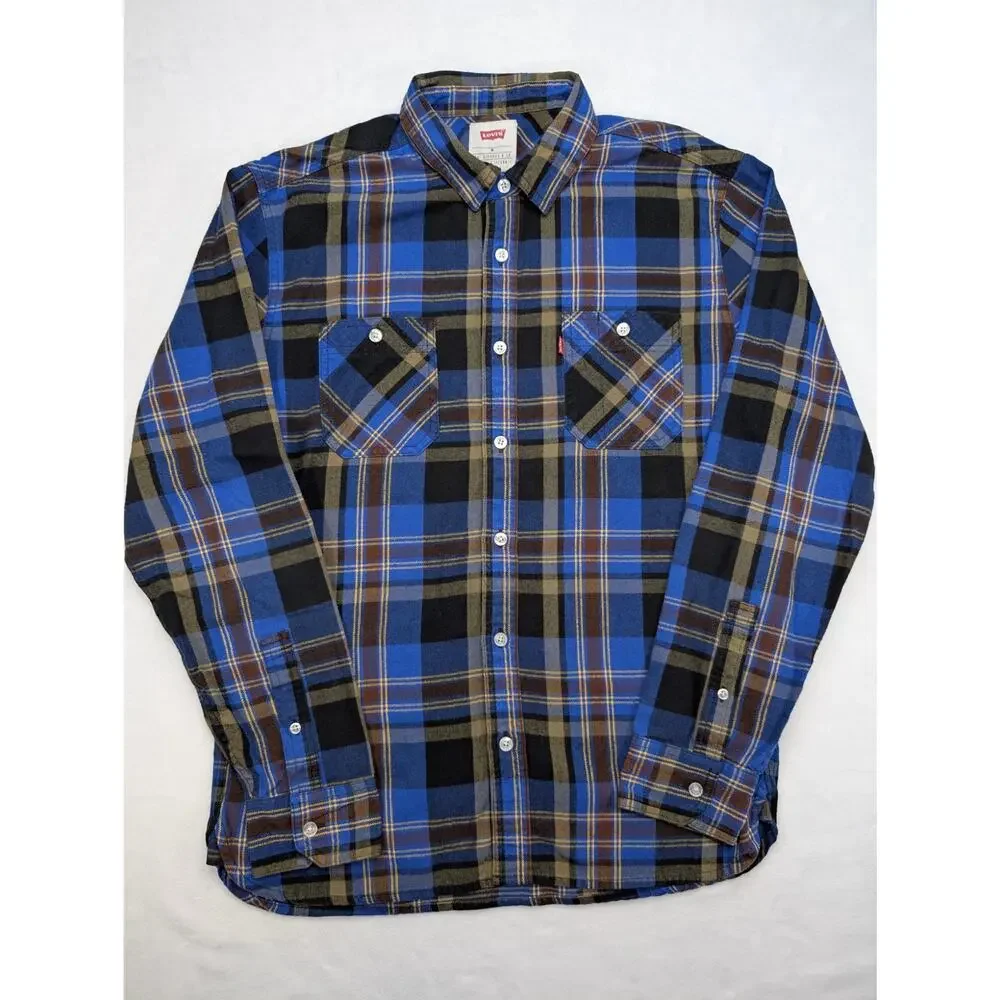 Levi's Mens Plaid Flannel‎ Button Up Shirt Medium Long Sleeve Western Blue